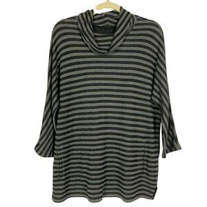 Talbots Cowl neck Gray & Blue Striped Tunic, Pockets, Medium Petite, 3/4 sleeve